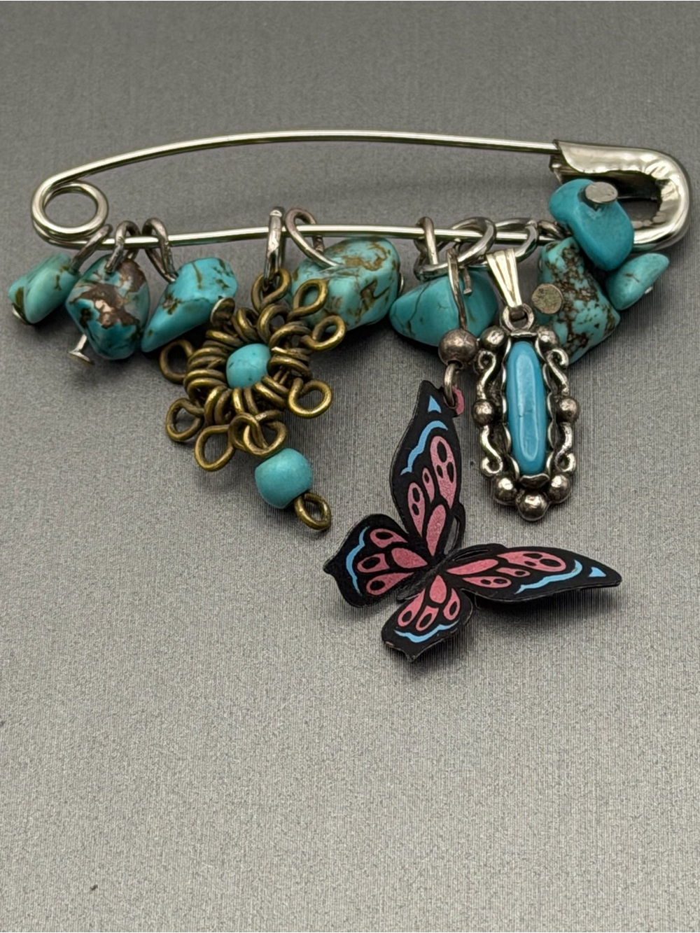 Butterfly Southwestern Style Faux Turquoise Charm Safety Pin Brooch